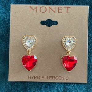 Monet Gold Earrings with Red and Clear Hearts